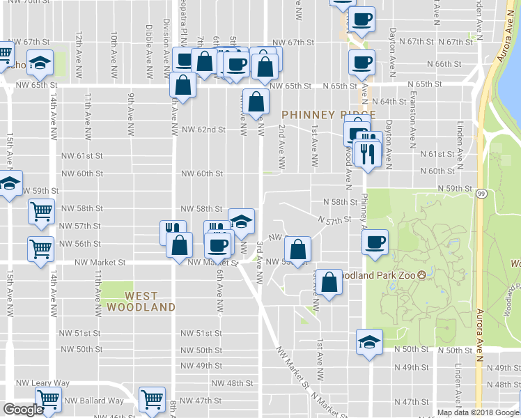 map of restaurants, bars, coffee shops, grocery stores, and more near 3rd Ave NW & NW 58th St in Seattle