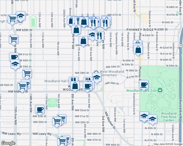 map of restaurants, bars, coffee shops, grocery stores, and more near Northwest 58th Street & 5th Avenue Northwest in Seattle