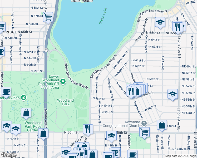 map of restaurants, bars, coffee shops, grocery stores, and more near 5754 Ashworth Avenue North in Seattle