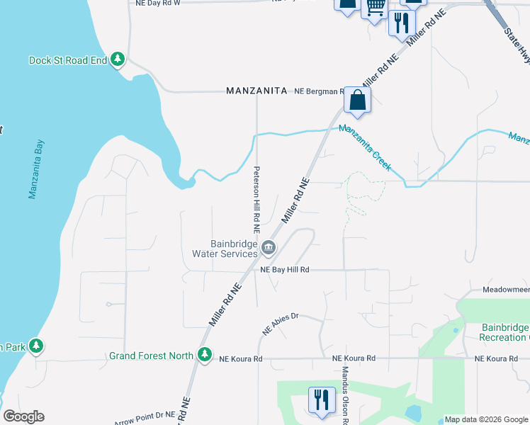 map of restaurants, bars, coffee shops, grocery stores, and more near 11908 Manzanita Lane Northeast in Bainbridge Island
