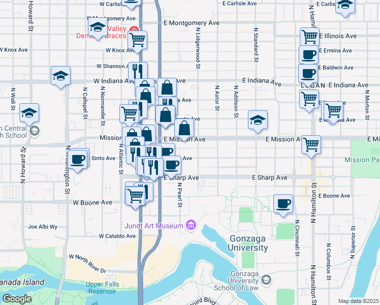 map of restaurants, bars, coffee shops, grocery stores, and more near 228 East Mission Avenue in Spokane