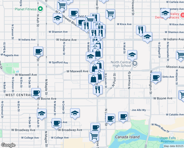 map of restaurants, bars, coffee shops, grocery stores, and more near 1025 West Spofford Avenue in Spokane