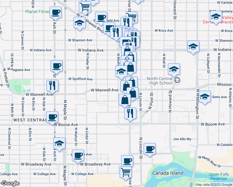 map of restaurants, bars, coffee shops, grocery stores, and more near 1114 West Maxwell Avenue in Spokane