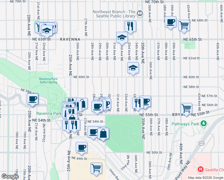 map of restaurants, bars, coffee shops, grocery stores, and more near 5736 30th Avenue Northeast in Seattle