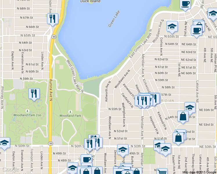 map of restaurants, bars, coffee shops, grocery stores, and more near 5754 Ashworth Avenue North in Seattle