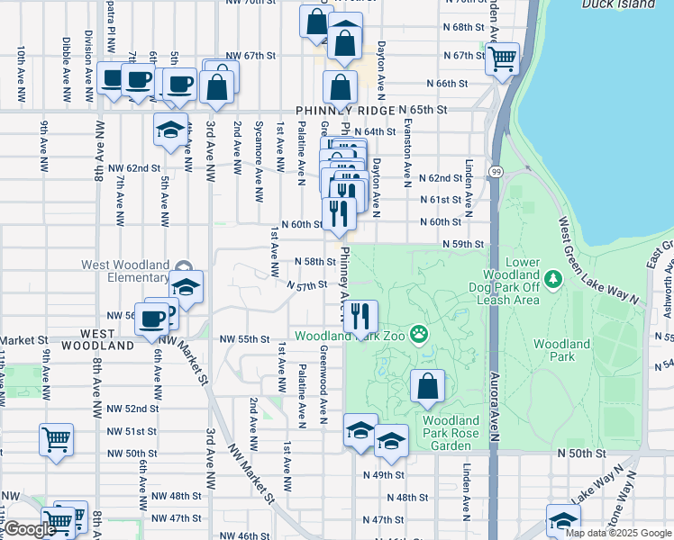 map of restaurants, bars, coffee shops, grocery stores, and more near 5808 Greenwood Avenue North in Seattle