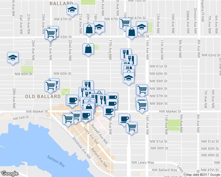 map of restaurants, bars, coffee shops, grocery stores, and more near 1705 Northwest 59th Street in Seattle