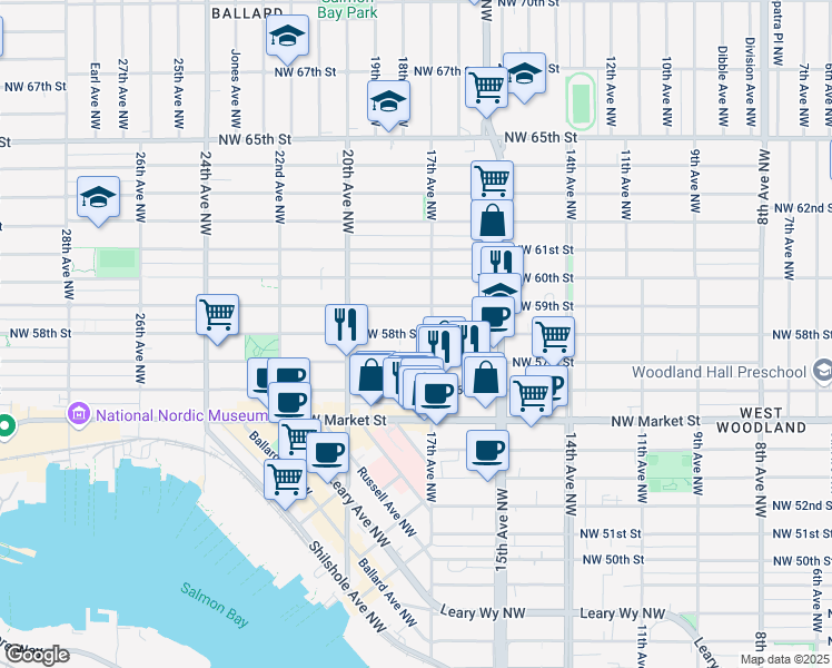 map of restaurants, bars, coffee shops, grocery stores, and more near 1705 Northwest 59th Street in Seattle