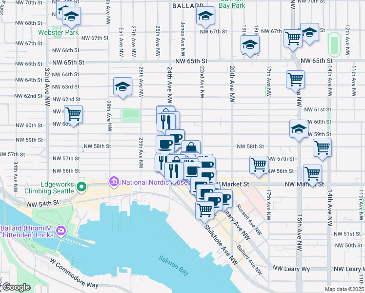 map of restaurants, bars, coffee shops, grocery stores, and more near 2237 Northwest 59th Street in Seattle