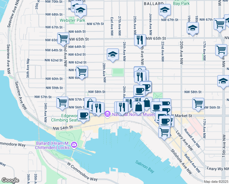 map of restaurants, bars, coffee shops, grocery stores, and more near 2617 Northwest 59th Street in Seattle