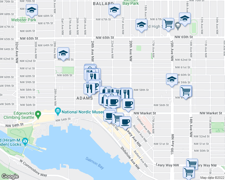 map of restaurants, bars, coffee shops, grocery stores, and more near 22nd Ave NW & NW 58th St in Seattle