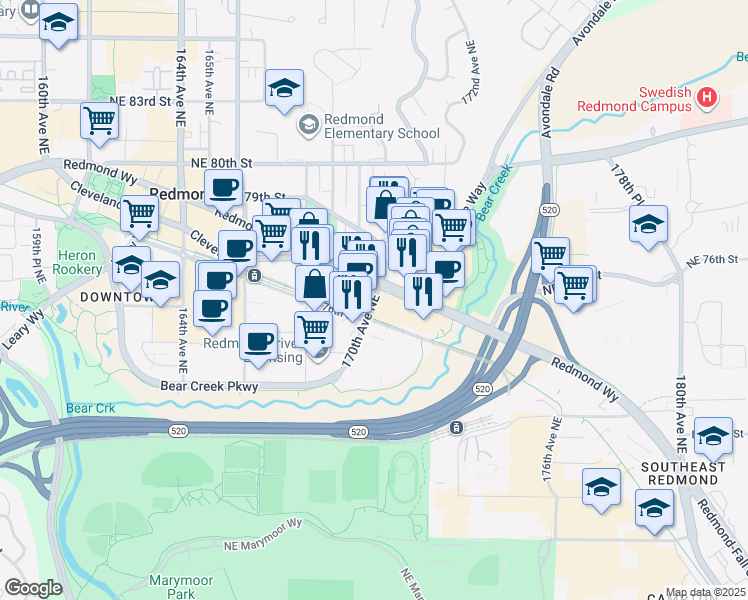 map of restaurants, bars, coffee shops, grocery stores, and more near 16989 Washington 202 in Redmond
