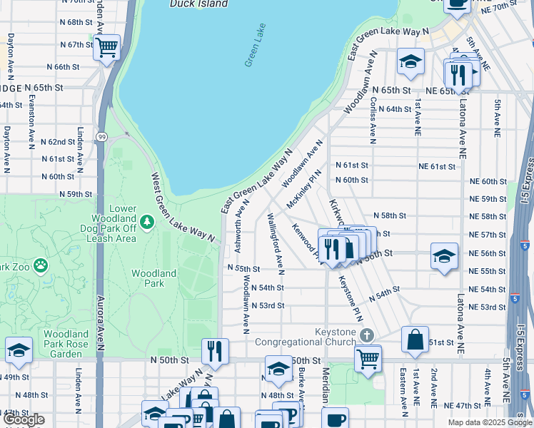 map of restaurants, bars, coffee shops, grocery stores, and more near 5728 Woodlawn Avenue North in Seattle