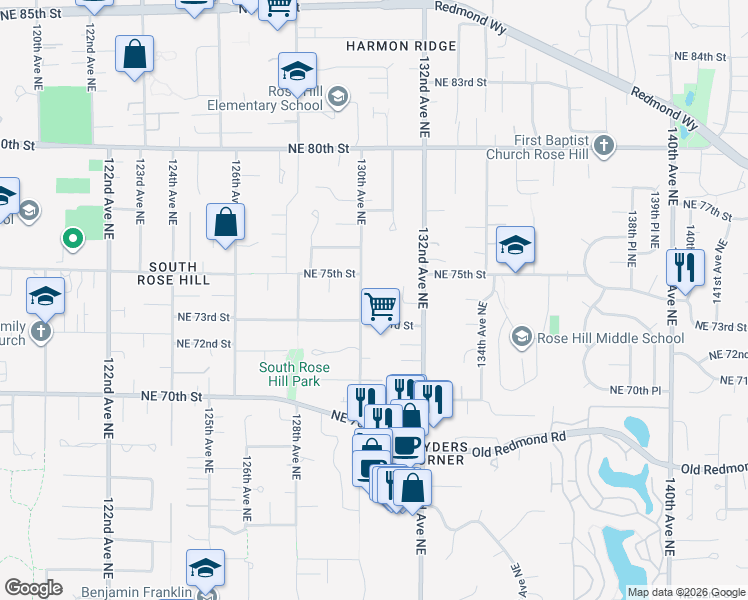 map of restaurants, bars, coffee shops, grocery stores, and more near 13010 Northeast 74th Street in Kirkland
