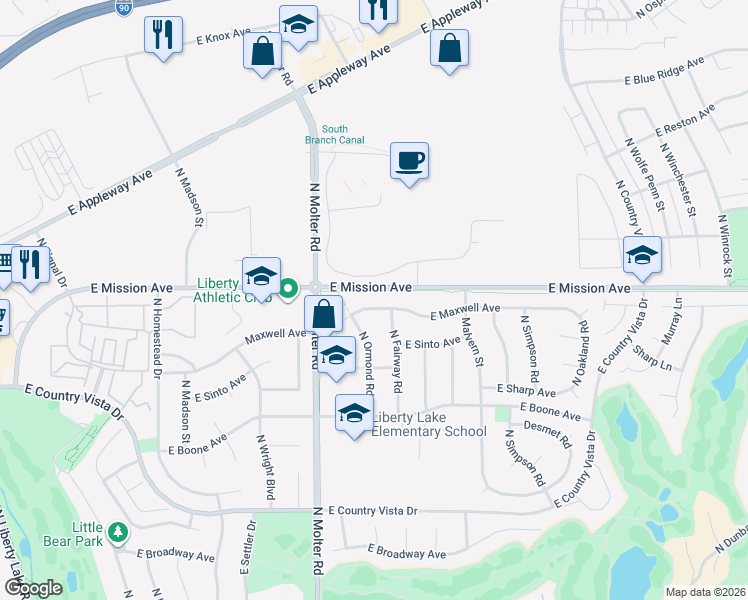 map of restaurants, bars, coffee shops, grocery stores, and more near 23621 East Maxwell Avenue in Liberty Lake