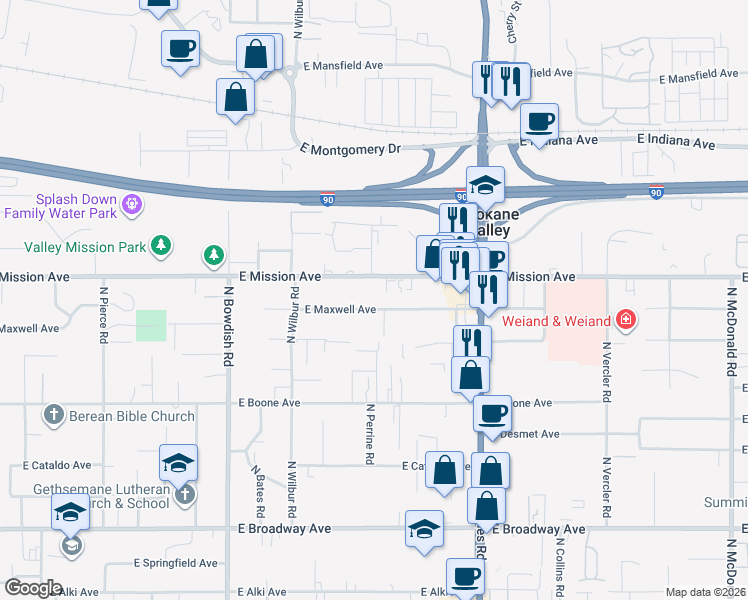 map of restaurants, bars, coffee shops, grocery stores, and more near 11908 East Mission Avenue in Spokane Valley