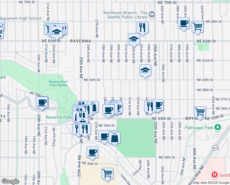 map of restaurants, bars, coffee shops, grocery stores, and more near 5737 29th Avenue Northeast in Seattle