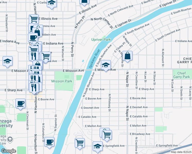 map of restaurants, bars, coffee shops, grocery stores, and more near 11 East Mission Avenue in Spokane