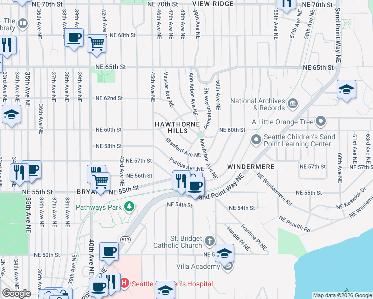 map of restaurants, bars, coffee shops, grocery stores, and more near 5819 Oberlin Avenue Northeast in Seattle