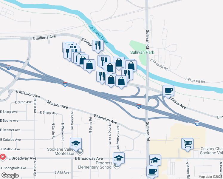 map of restaurants, bars, coffee shops, grocery stores, and more near 15110 East Indiana Avenue in Spokane Valley