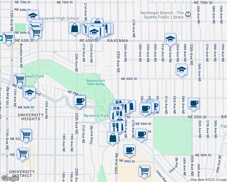 map of restaurants, bars, coffee shops, grocery stores, and more near 5733 25th Avenue Northeast in Seattle