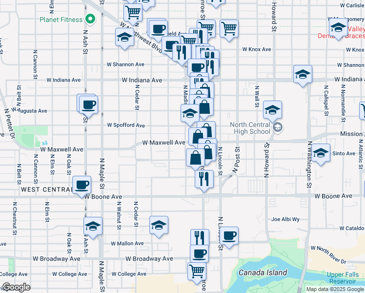 map of restaurants, bars, coffee shops, grocery stores, and more near 1114 West Maxwell Avenue in Spokane