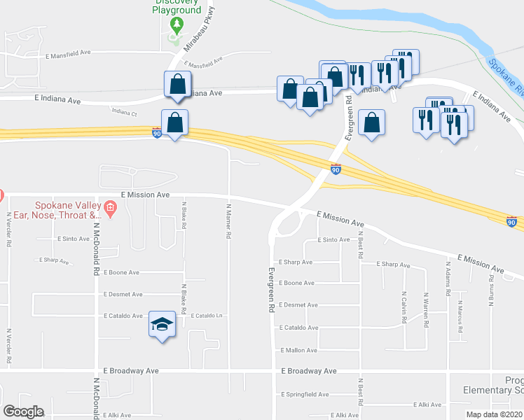 map of restaurants, bars, coffee shops, grocery stores, and more near 13808 East Mission Avenue in Spokane Valley