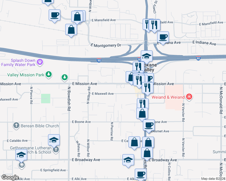 map of restaurants, bars, coffee shops, grocery stores, and more near 11908 East Mission Avenue in Spokane Valley