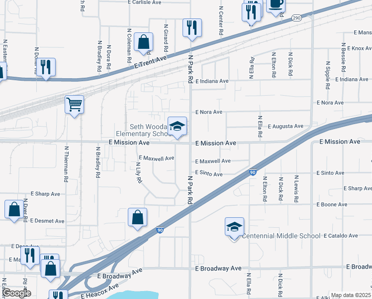 map of restaurants, bars, coffee shops, grocery stores, and more near 7401 East Mission Avenue in Spokane Valley