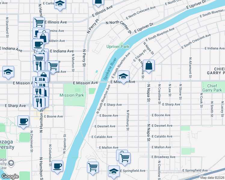 map of restaurants, bars, coffee shops, grocery stores, and more near 11 East Mission Avenue in Spokane