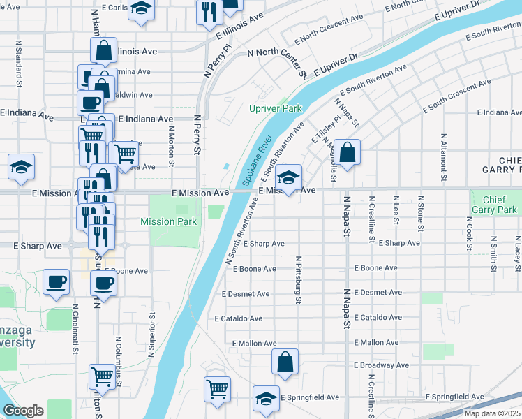 map of restaurants, bars, coffee shops, grocery stores, and more near 11 East Mission Avenue in Spokane