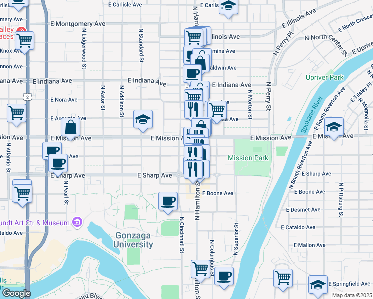 map of restaurants, bars, coffee shops, grocery stores, and more near 814 East Mission Avenue in Spokane