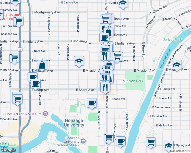 map of restaurants, bars, coffee shops, grocery stores, and more near 714a East Mission Avenue in Spokane