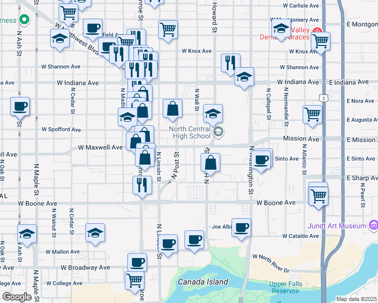 map of restaurants, bars, coffee shops, grocery stores, and more near 718 West Maxwell Avenue in Spokane