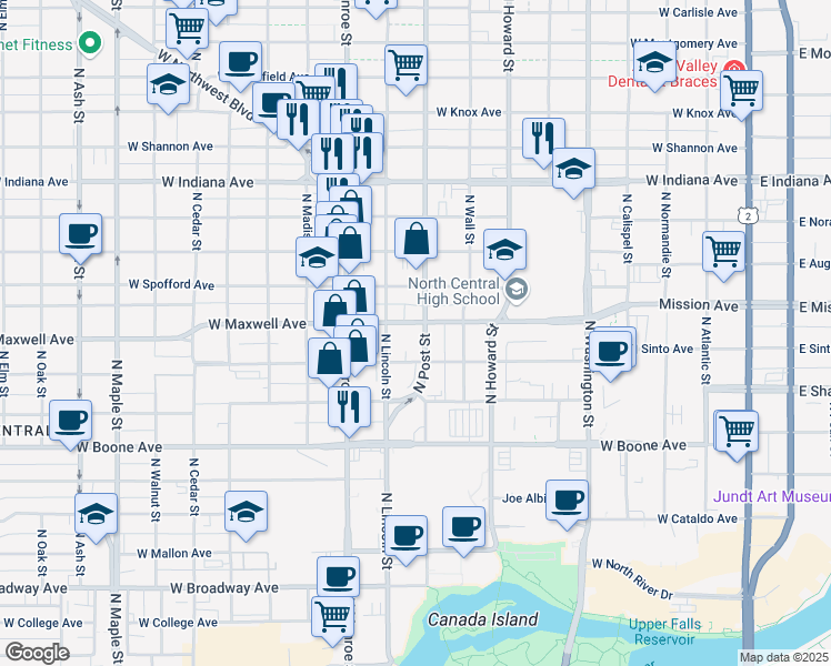 map of restaurants, bars, coffee shops, grocery stores, and more near 812 West Maxwell Avenue in Spokane
