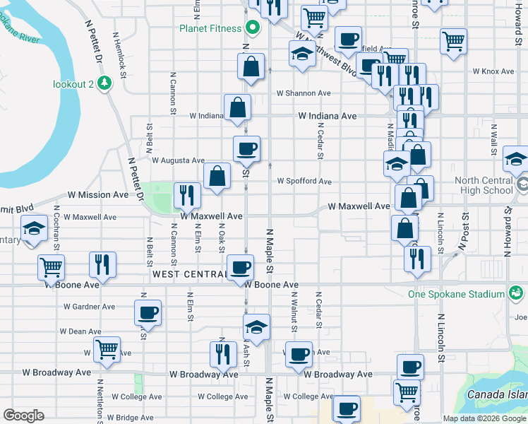 map of restaurants, bars, coffee shops, grocery stores, and more near 1619 West Mission Avenue in Spokane