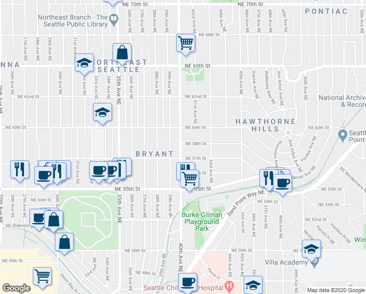 map of restaurants, bars, coffee shops, grocery stores, and more near 5806 40th Avenue Northeast in Seattle