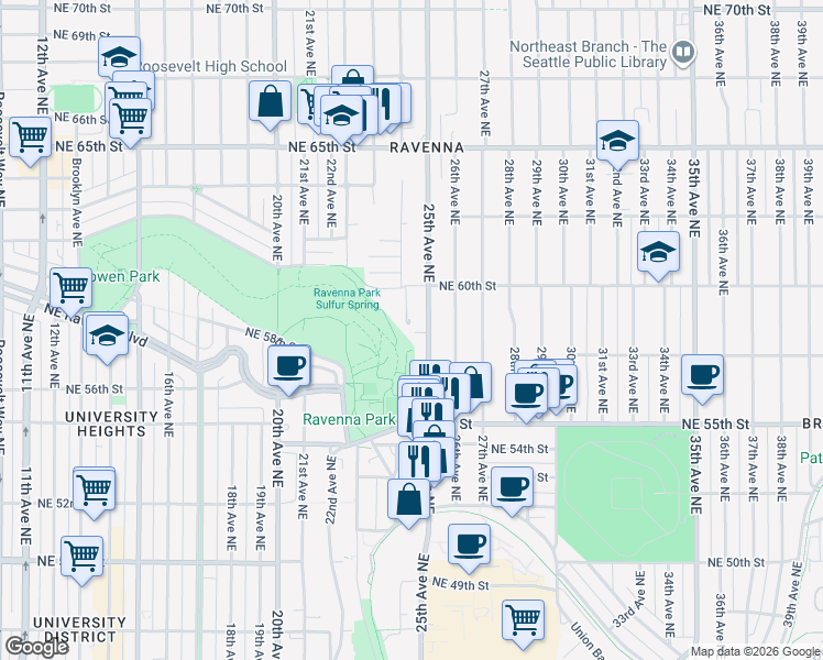 map of restaurants, bars, coffee shops, grocery stores, and more near in Seattle