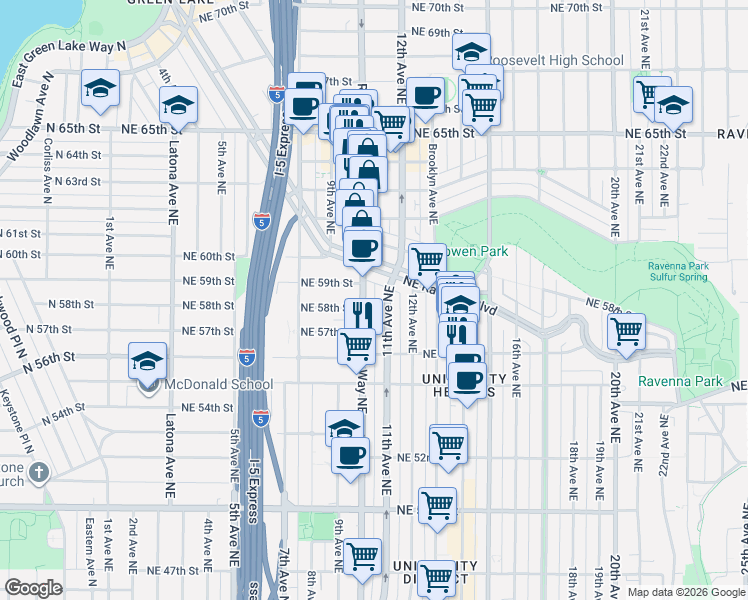 map of restaurants, bars, coffee shops, grocery stores, and more near 5826 Roosevelt Way Northeast in Seattle