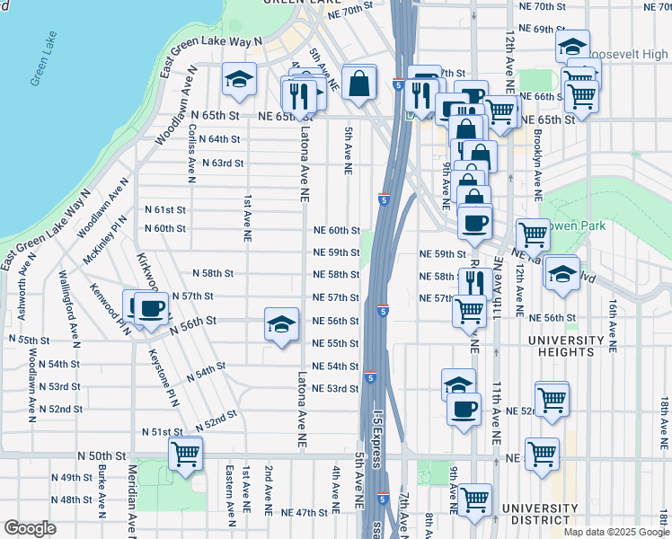 map of restaurants, bars, coffee shops, grocery stores, and more near 343 Northeast 59th Street in Seattle
