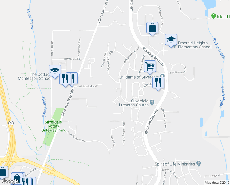 map of restaurants, bars, coffee shops, grocery stores, and more near 1654 Northwest White Tail Lane in Silverdale
