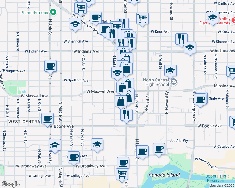 map of restaurants, bars, coffee shops, grocery stores, and more near 1025 West Spofford Avenue in Spokane