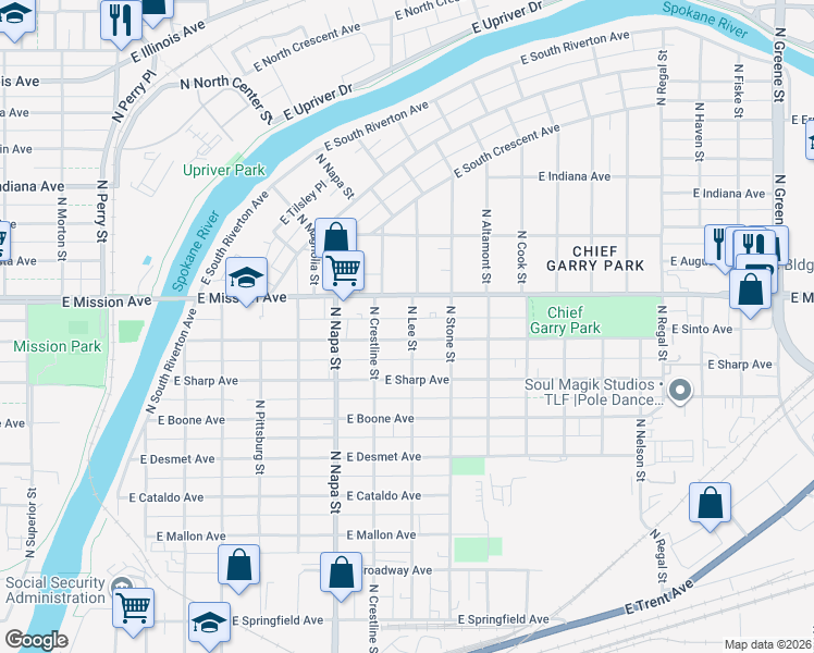 map of restaurants, bars, coffee shops, grocery stores, and more near 2204 East Mission Avenue in Spokane