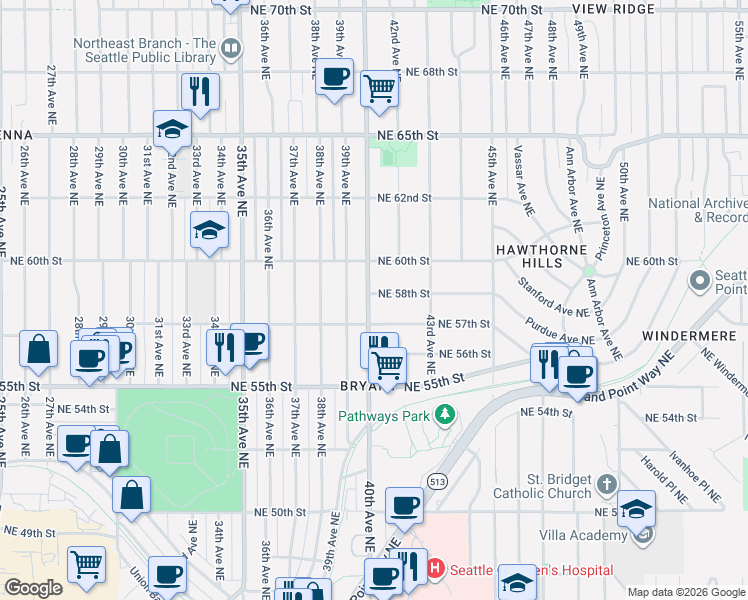 map of restaurants, bars, coffee shops, grocery stores, and more near 5806 40th Avenue Northeast in Seattle