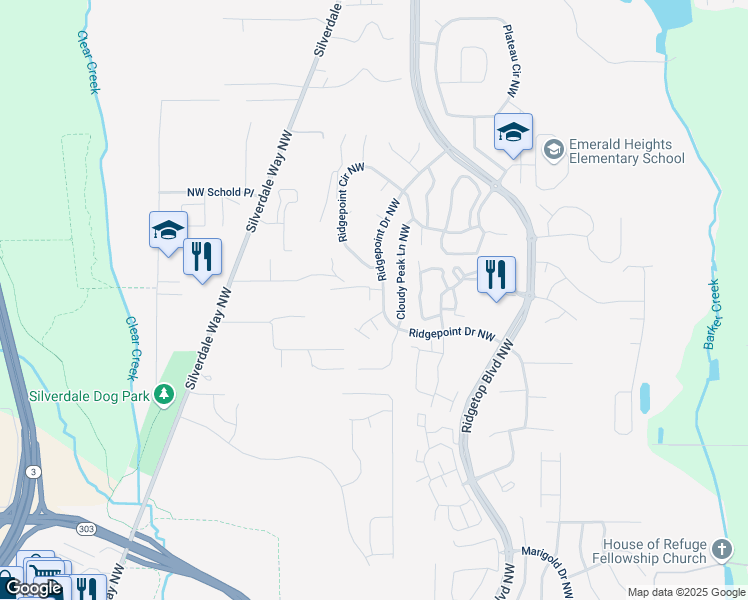 map of restaurants, bars, coffee shops, grocery stores, and more near 12596 Deer Park Lane Northwest in Silverdale