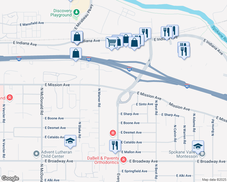 map of restaurants, bars, coffee shops, grocery stores, and more near 13808 East Mission Avenue in Spokane Valley