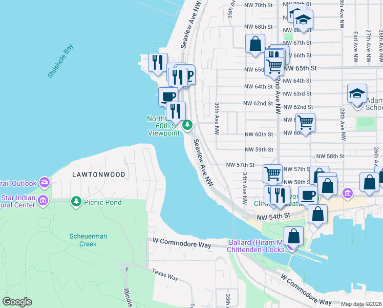 map of restaurants, bars, coffee shops, grocery stores, and more near 5719 Seaview Avenue Northwest in Seattle