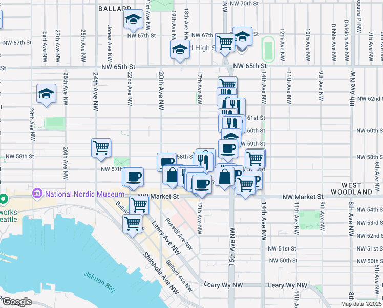 map of restaurants, bars, coffee shops, grocery stores, and more near 1712 Northwest 58th Street in Seattle