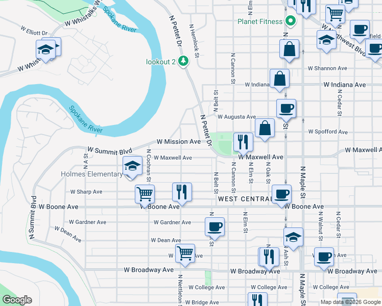 map of restaurants, bars, coffee shops, grocery stores, and more near 2225 West Mission Avenue in Spokane