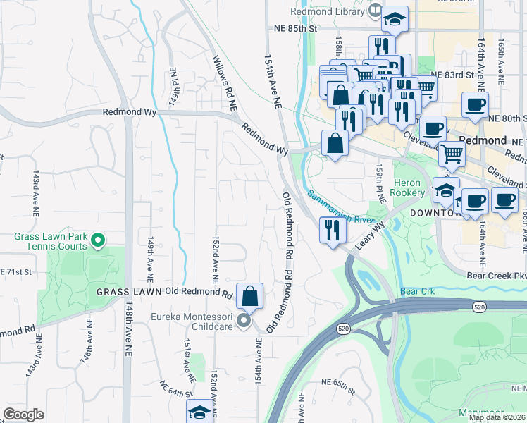 map of restaurants, bars, coffee shops, grocery stores, and more near 7479 Old Redmond Road in Redmond